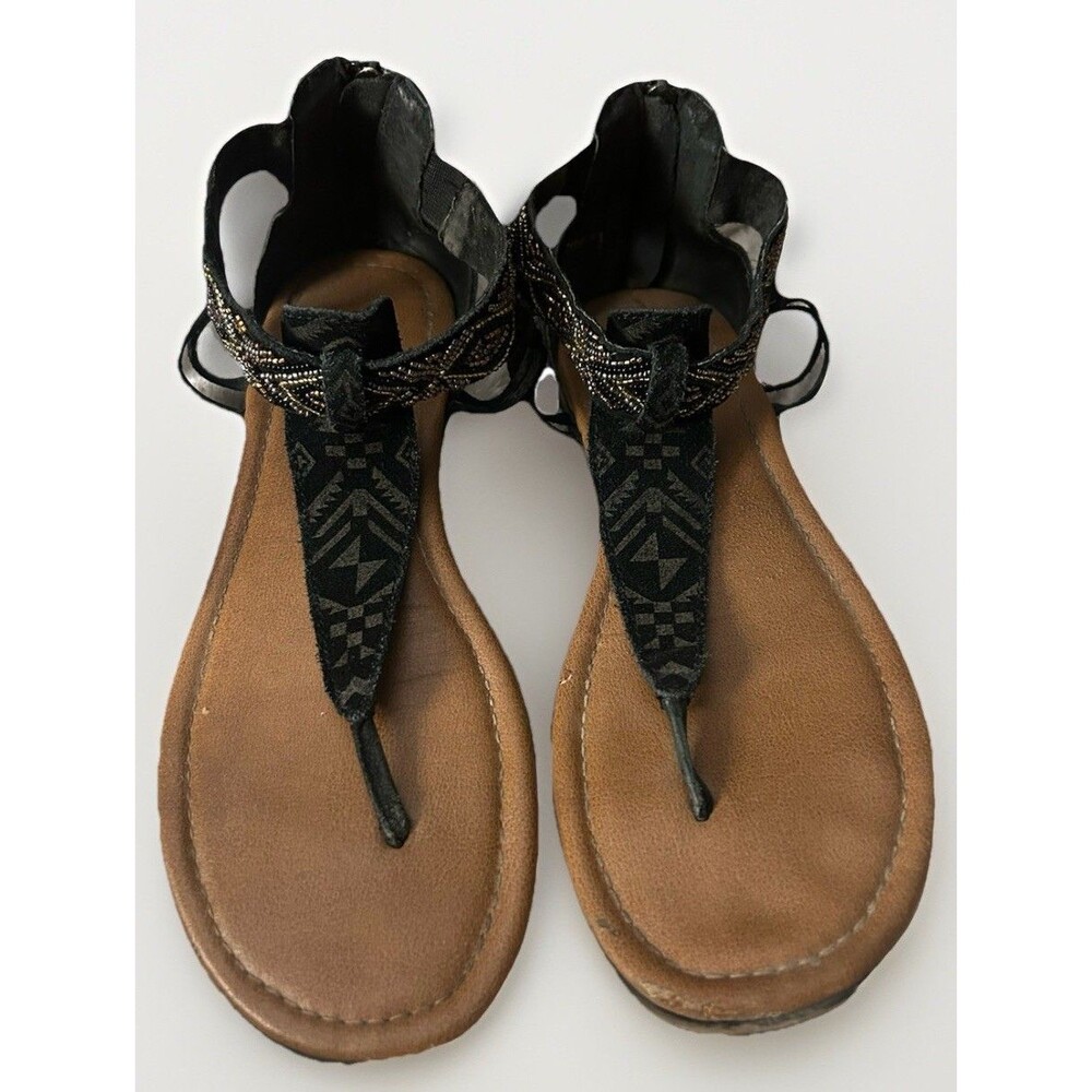 MINNETONKA ANTIGUA BLACK SUEDE SANDALS WITH BEADED ANKLE STRAP, WOMEN'S 9